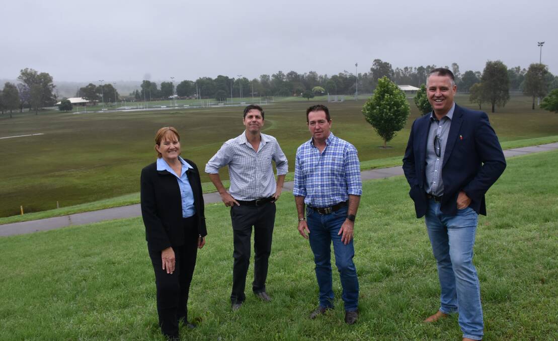  Sue Moore, Upper Hunter MP Dave Layzell, Deputy Premier Paul Toole and Singleton Council general manager Jason Linnane at Cook Park where Council staff are busy cleaning up after the flood.