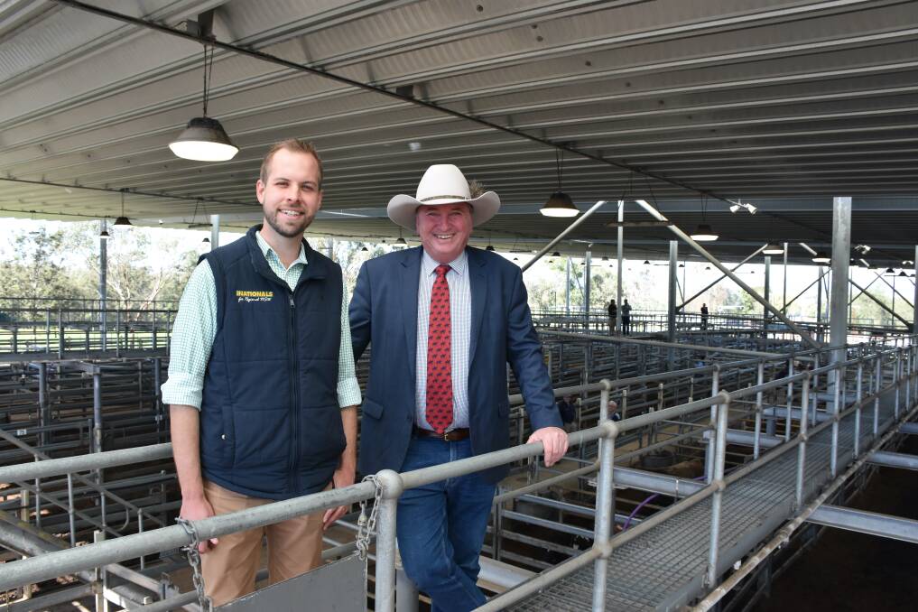 CAMPAIGN: The Nationals Hunter candidate James Thomson with Deputy Prime Minister Barnaby Joyce at the Singleton livestock selling centre.