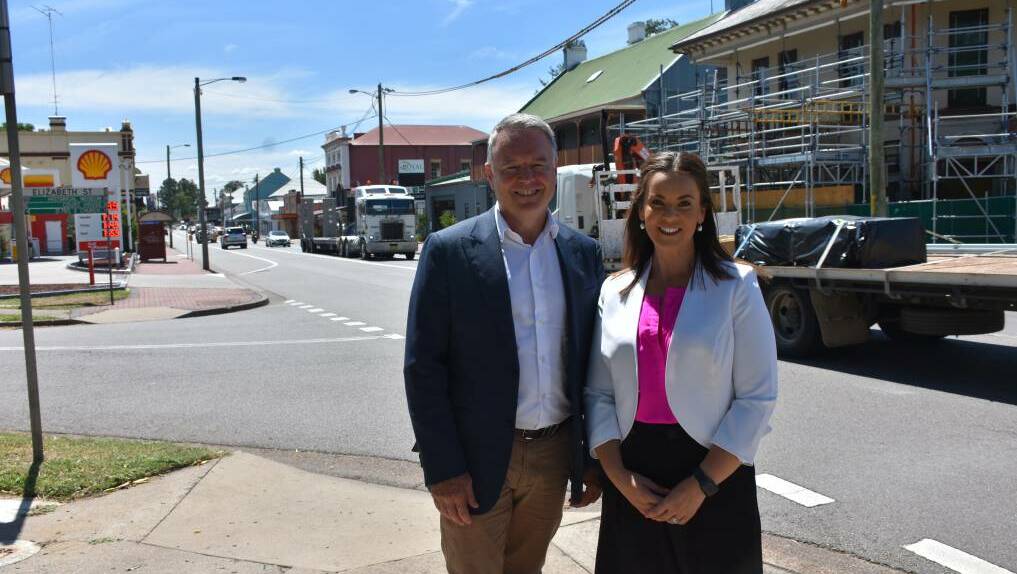 Federal Member for Hunter Joel Fitzgibbon with Country Labor candidate for Upper Hunter Melanie Dagg in George Street announcing state and federal funding for the bypass during the March state election..