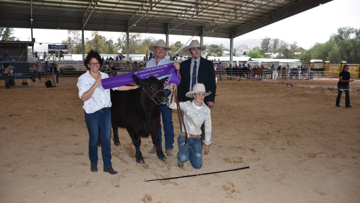 The 2019 Upper Hunter Beef Bonanza grand champion led steer with Janene Cox, exhibitor Travis Worth, Parkville, judge Jake Phillips and at the halter Josephine Green.
