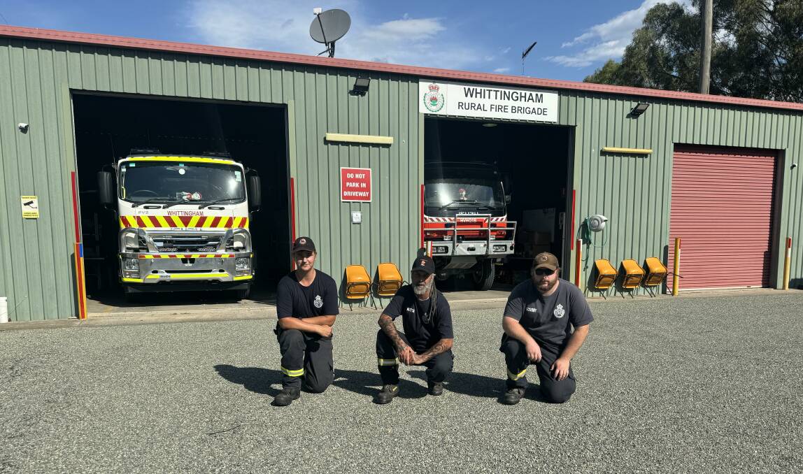 Whittingham RFS members Toby Turpin, captain Brian Hall and Josh Joyce on the refurbished bitumen apron in front of their fire shed.