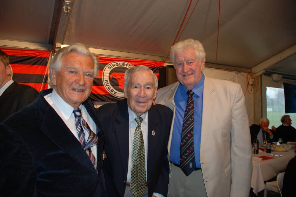Bob Hawke during his visit to Singleton to speak at the Singleton Rugby Club's Lunch with a Legend with the late Frank Maguire and Mick Dunn.