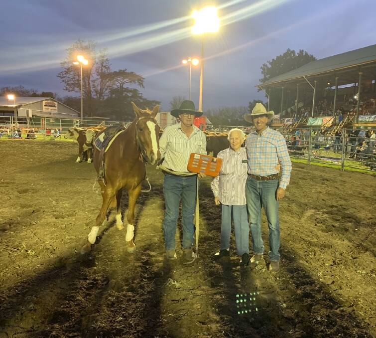 COVETED AWARD: David Badior receives the Keith Sylvester Memorial Cut Out trophy from Robyn Schmierer and Ken Sylvester. (Photo supplied)