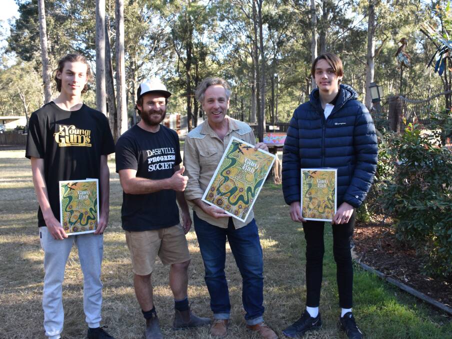 Hamish Butler, Magpie Johnston, Christopher Saunders and Brody Scott with the Gumball 2021 artwork designed by artist Debbie Becker. 