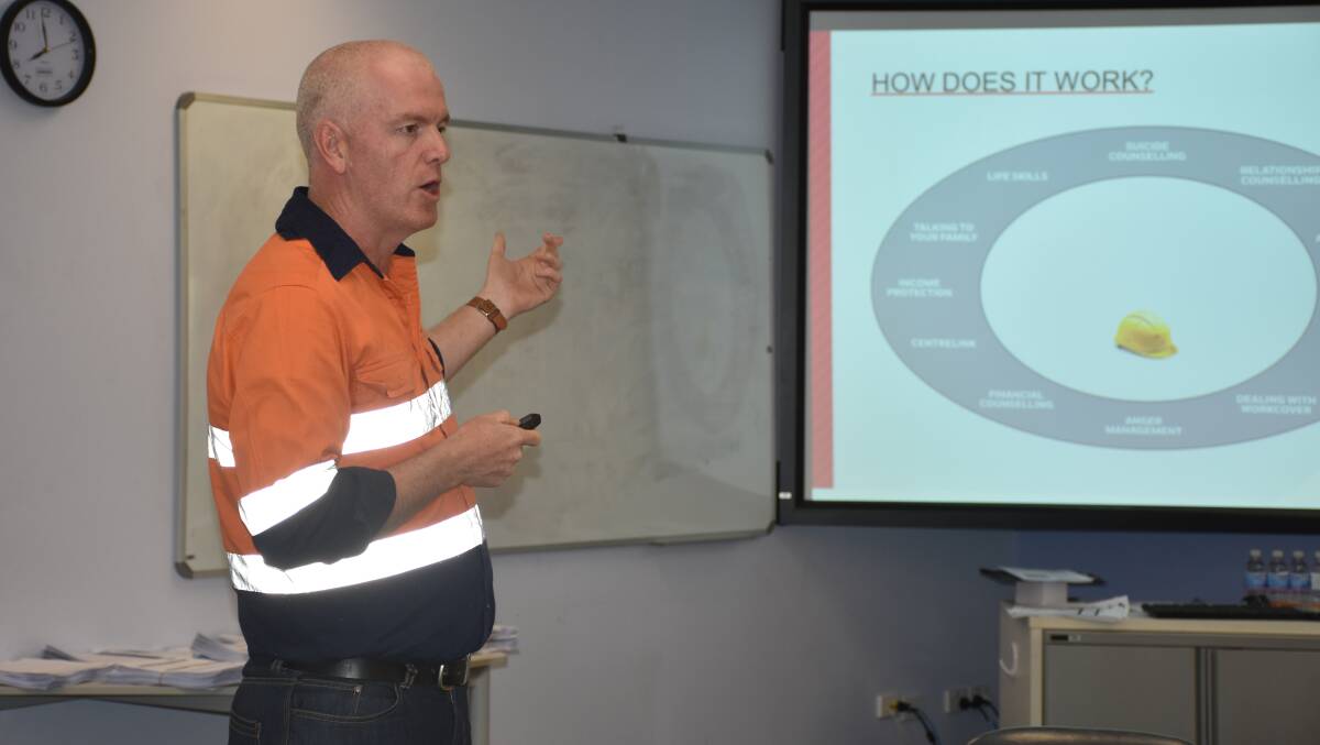 HELPING HAND: Andrew McMahon, project manager for Mates in Mining, speaking to members of the Wambo mine workforce last week.