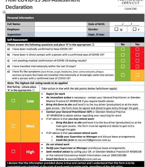 A Glencore COVID-19 self-assessment declaration form - for a Queensland mine site. The same form will now be used in NSW mine sites. 