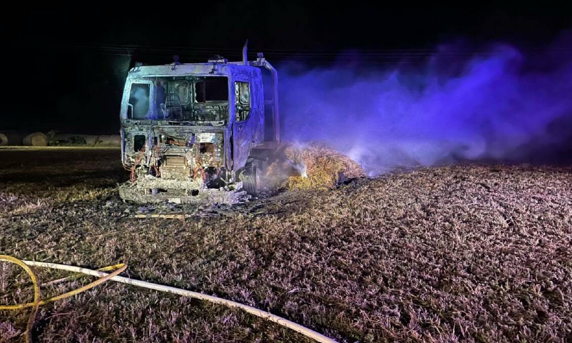 Truck loaded with hay was destroyed by fire. Photo: Singleton Fire & Rescue.