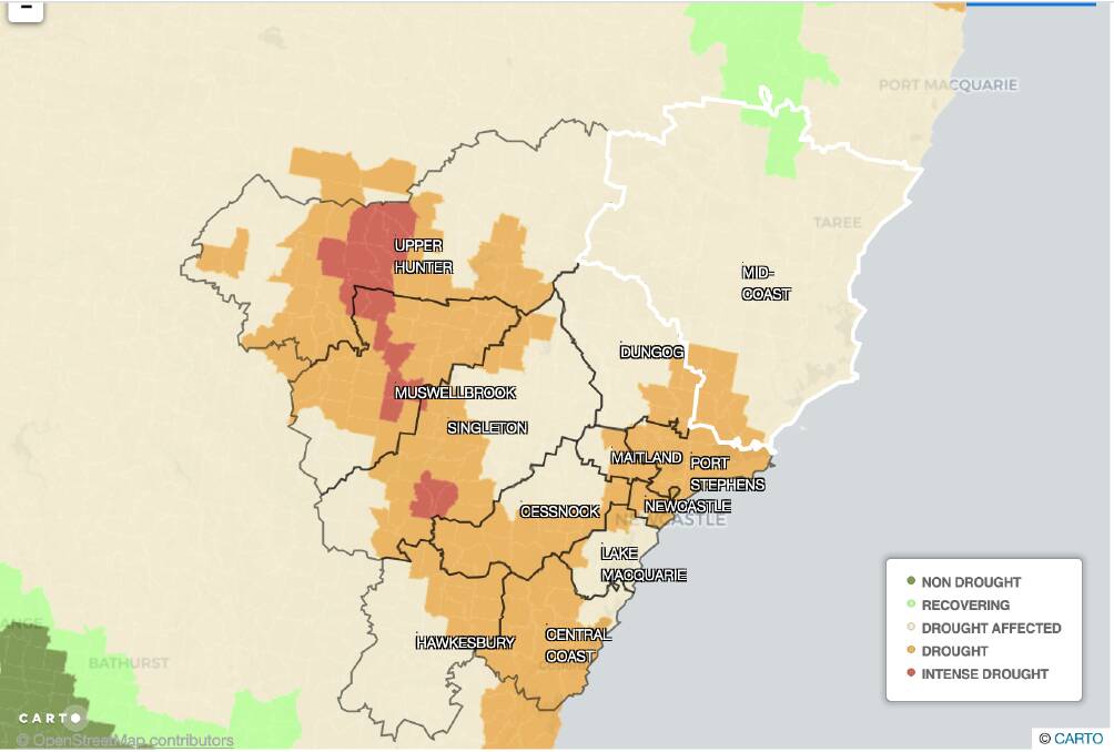 Hunter local government areas showing the areas of drought and intense drought on the DPI Combined Drought Indicator map.