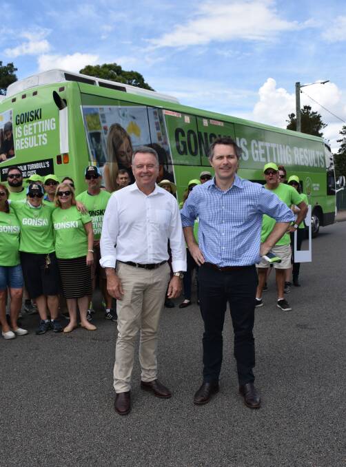 SUPPORT: Hunter MP Joel Fitzgibbon is joined by Labor's Shadow Minister for Resources  and Trade Jason Clare with Gonski bus at Singleton High School.