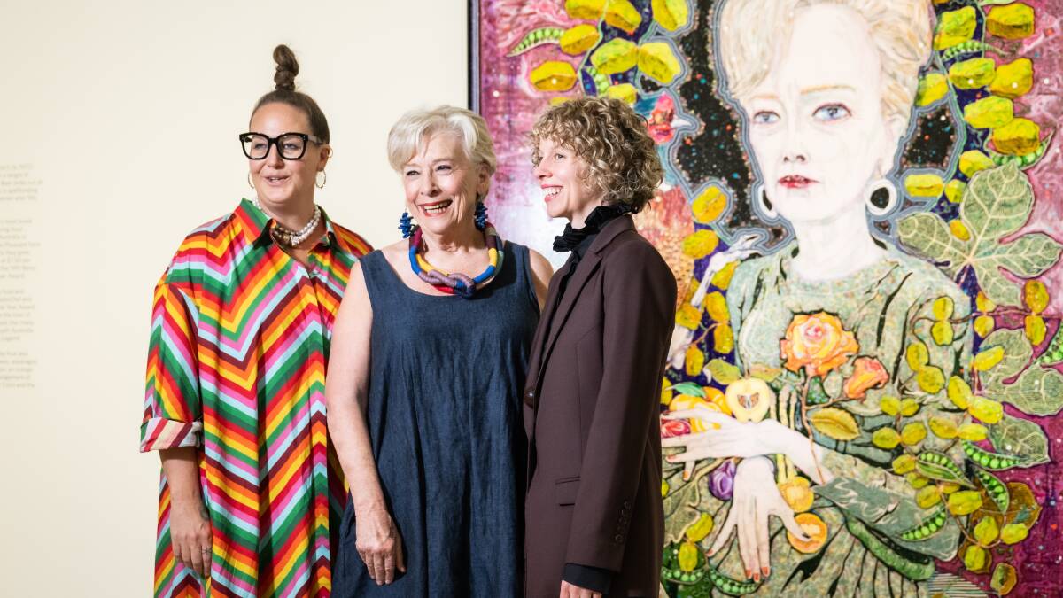 Artist Del Kathryn Barton and Maggie Beer with National Portrait Gallery director Bree Pickering . Picture by Karleen Minney