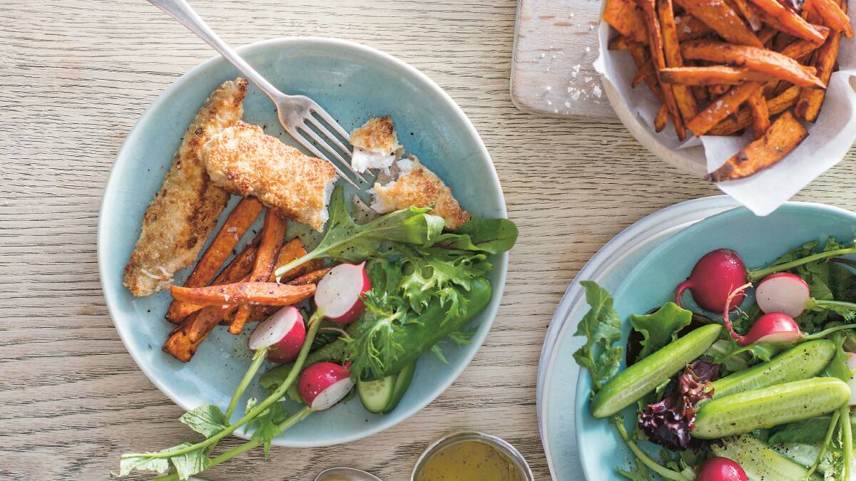 Coconut fish fingers with sweet potato fries. Picture: Alan Benson 