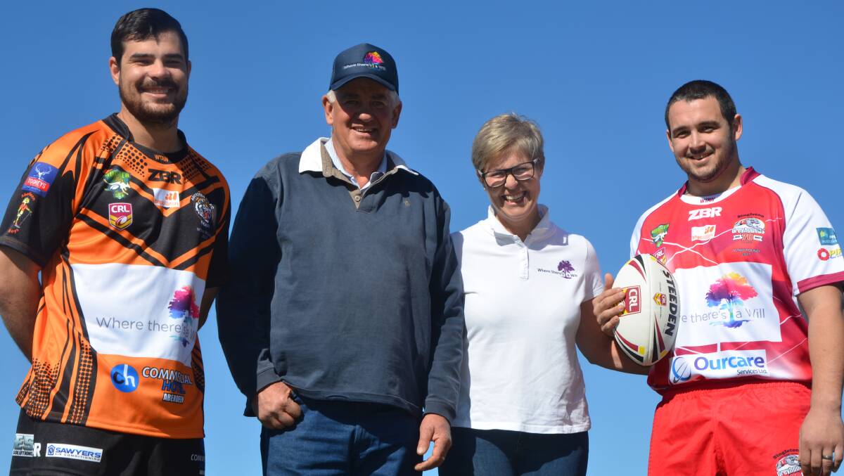 WORKING TOGETHER: Singleton Greyhounds co-coach Jye Bayley (right) with rival counterpart Daniel Hoogerwerf (Aberdeen Tigers) and Where There’s A Will co-founders Hilton and Pauline Carrigan.