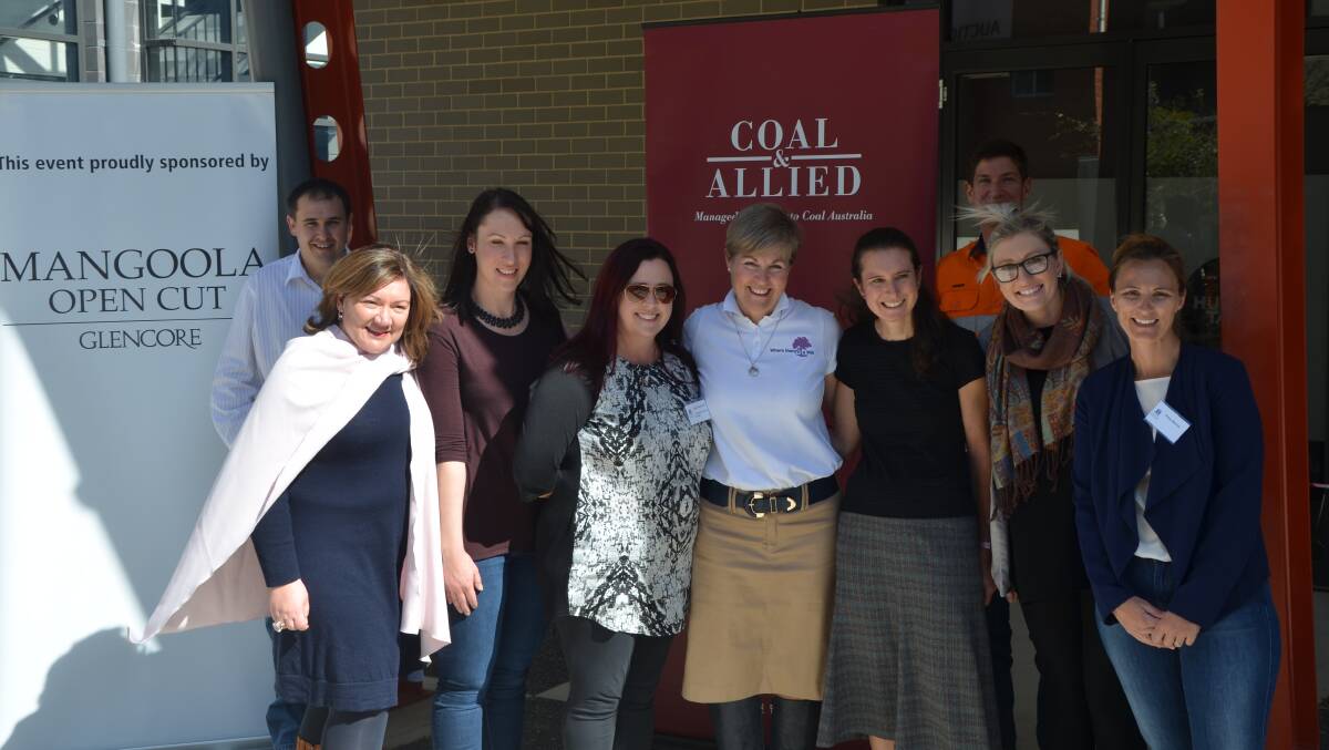 Melbourne University’s Dr Peggy Kern, Where There’s A Will co-founder Pauline Carrigan, Glencore’s Nathan Lane and Coal & Allied’s Andrew Speechly with teachers from Singleton schools on Friday.
