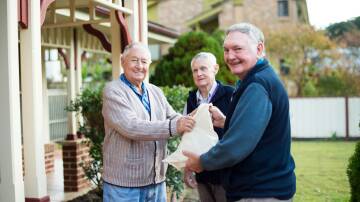 NON-PLASTIC FANTASTIC: Meals on Wheels NSW is calling on volunteers who are good at sewing and crocheting to make reusable shopping bags in a new environmental initiative. Pictured, from left, Barry with volunteers Shamus and Barry.
