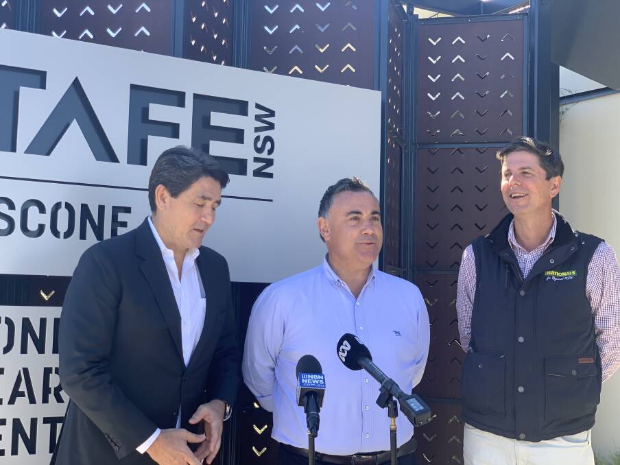 Minister for Skills and Tertiary Education Geoff Lee, Deputy Premier John Barilaro and Nationals candidate for Upper Hunter David Layzell at the Scone CLC on Thursday.