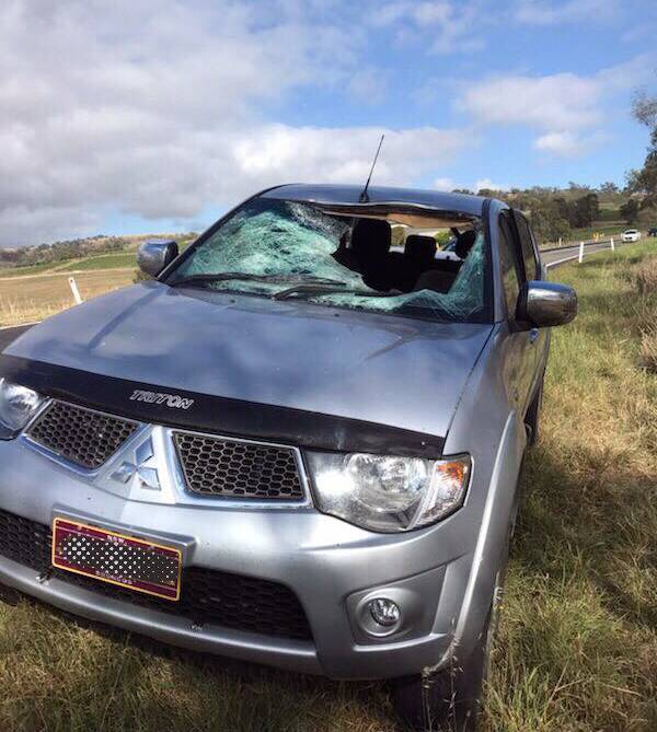 IMPACT: The Mitsubishi ute after it crashed with a kangaroo on the Golden Highway at Jerrys Plains. Picture: NSW Police