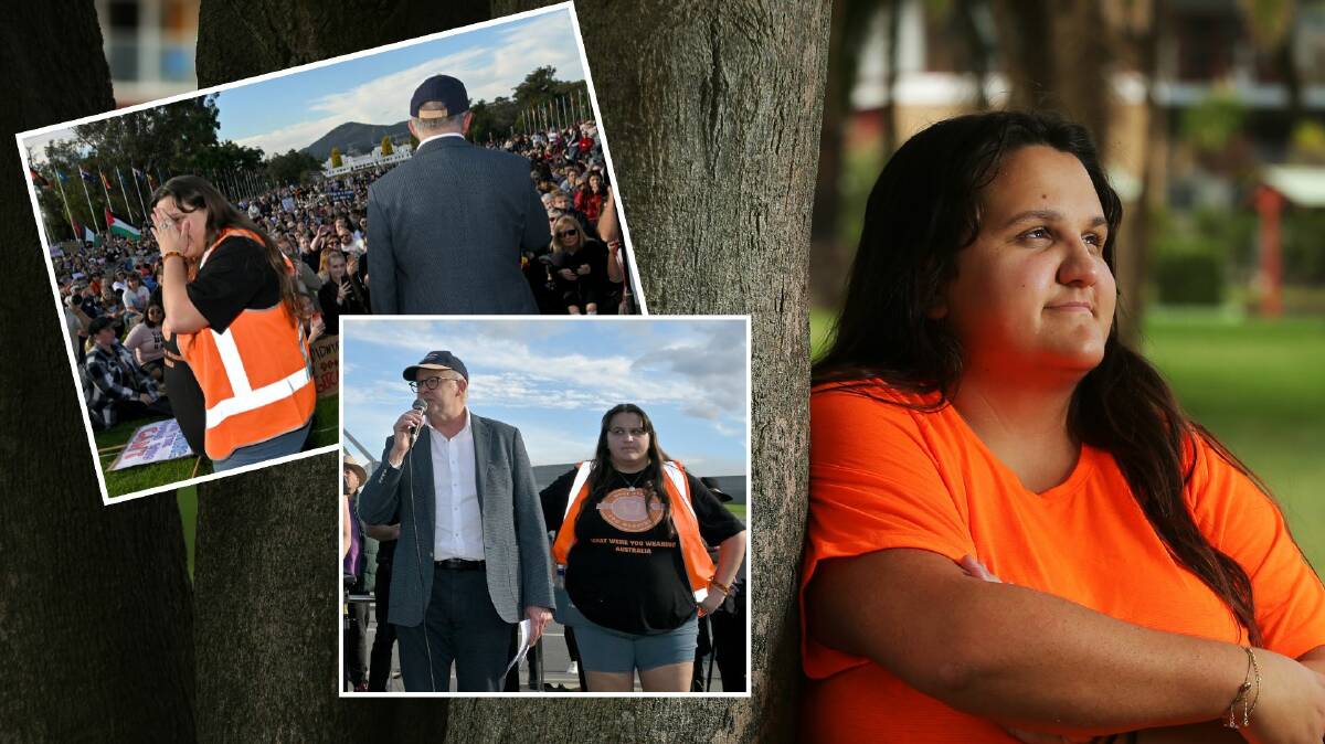 Sarah Williams, founder of What Were You Wearing, Australia, photographed in Newcastle in March 2023. Picture by Simone De Peak. Inset, Sarah Williams with Prime Minister Anthony Albanese at the national rally against violence. Pictures by Mick Tsikas
