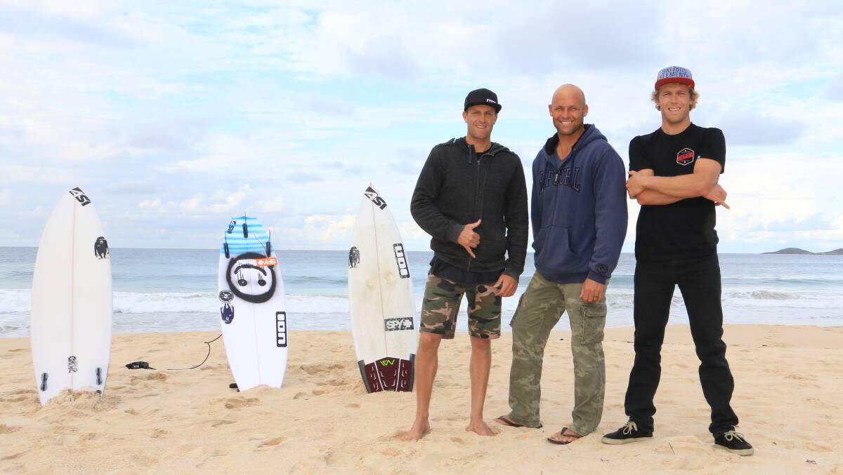 TEAM WORK: Chris Michalak (right) with brother Luke (left), who has helped him pursue a dream of competing on the world qualyfing series, and Mitch Dawkings (middle), who will surf at the ABB trial on Friday. Picture: Ellie-Marie Watts