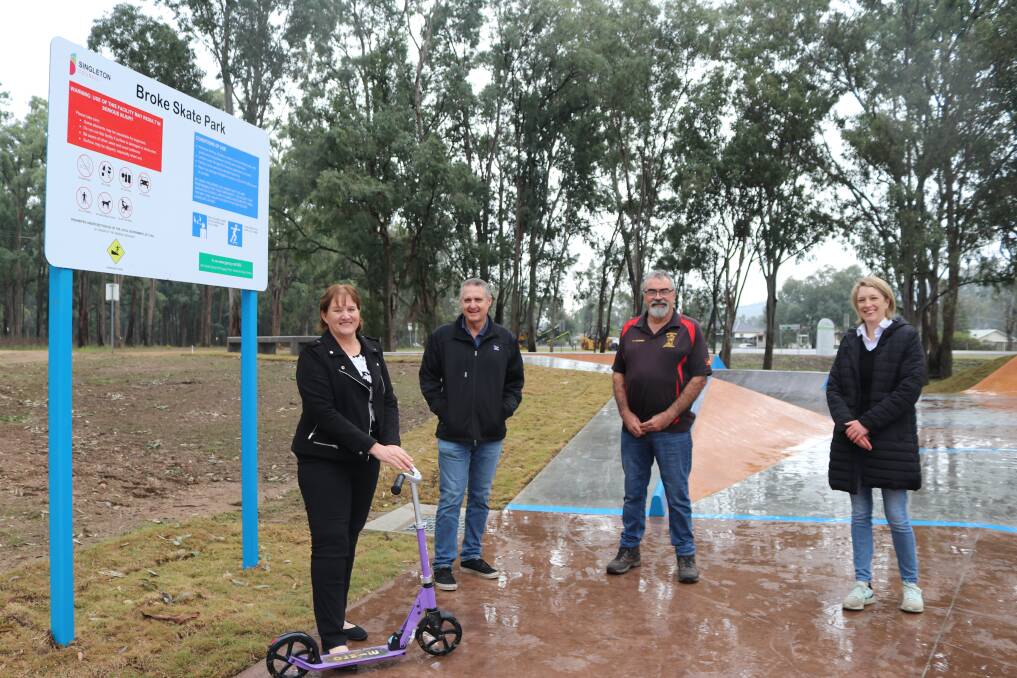  Mayor of Singleton Cr Sue Moore, Ralph Northey from Bulga Coal, Warren Taggart who performed the Welcome to Country for the event, and Teegan Hayward from Bulga Coal at the opening of Broke Skate Park.