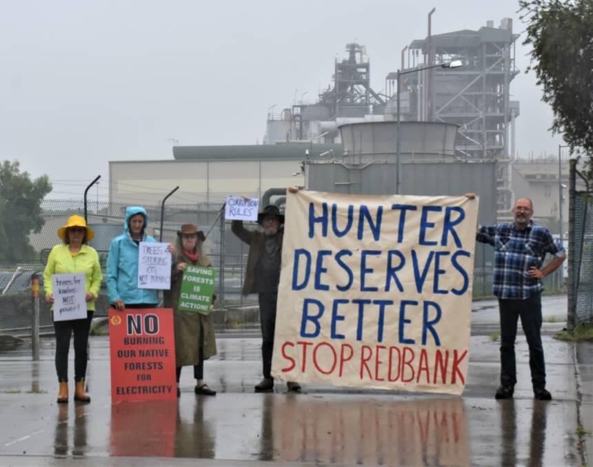 Protesters call for a a stop to the reopening of Redbank power station at Warkworth through the use of biomass products.