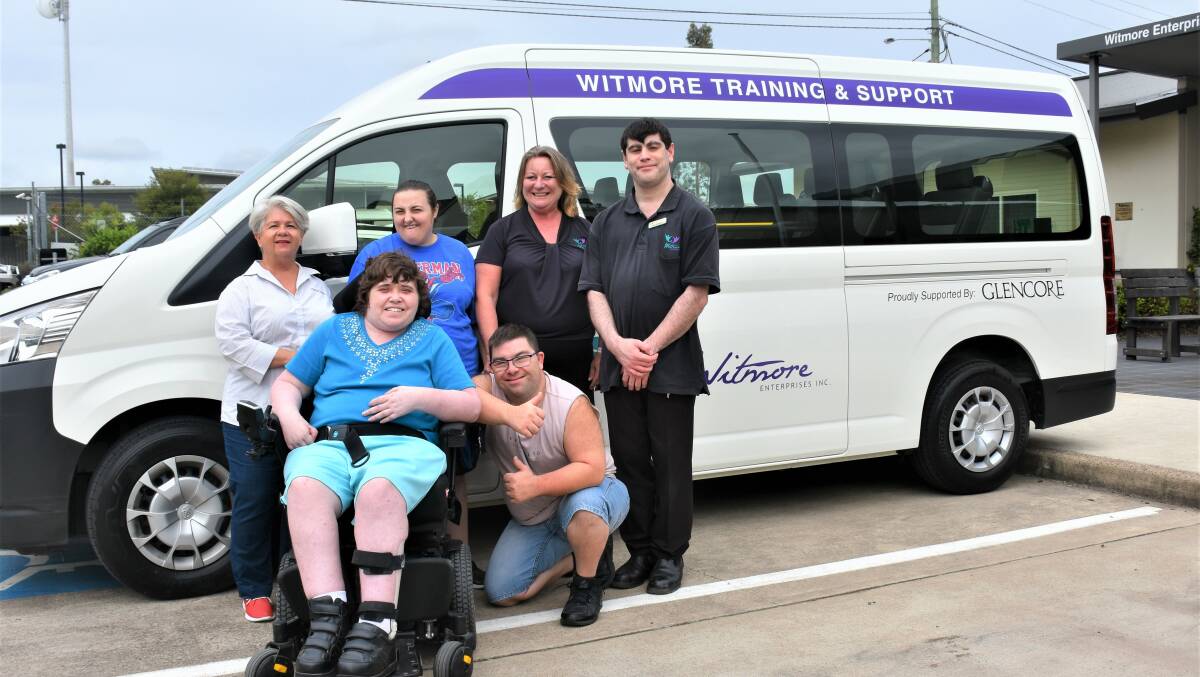 NEW VEHICLE: Glencore Representative Michelle Hunter, Tanya Evans, WItmore CEO Anita White Alex Gallagher and in front is Sam Williams and Nathan Bitschkat in front of Witmore's new bus. 