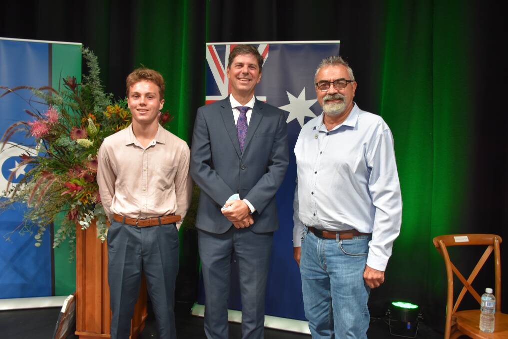 2022 Singleton Australia Day awards: Young Achiever of the Year Liam Byrne and Citizen of the Year Warren Taggart with Upper Hunter MP Dave Layzell (centre).