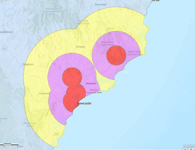 Red indicates the 10km eradication zone, pink the 25km surveillance zone, yellow the 50km notification zone and blue the general biosecurity zone (all of NSW).