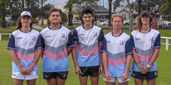 Ex-Bulls: Mitch Cox, Timmy Ryan, Riley Woods, Logan Millard and Mick Taylor are playing together again in the U16 Hunter Wildfires side at the Country Champs this weekend. PIC: Pat Gleeson.
 