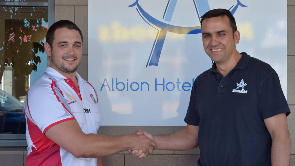 NEW ASSOCATION: SURLFC president and first grade coach, Jye Bayley, and major sponsor, Jamie McNamara publican at the Albion Hotel.