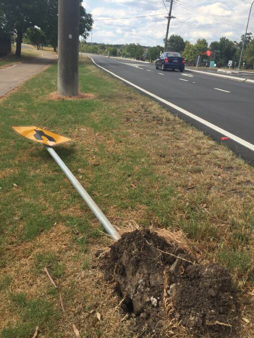 POINTLESS ACT:  This road sign near the busy intersection of Alroy and Bridgman Road was ripped from the ground.