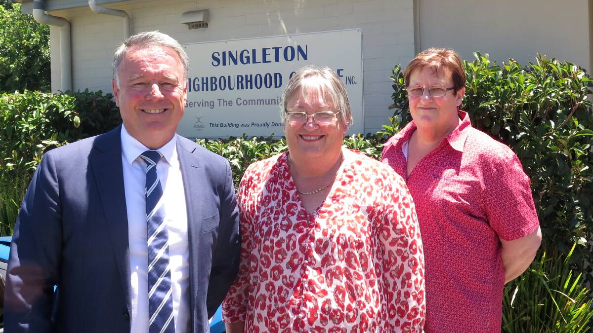 Federal Member for Hunter Joel Fitzgibbon with Sue George and Judy Mitchell from Singleton Neighbourhood Centre.