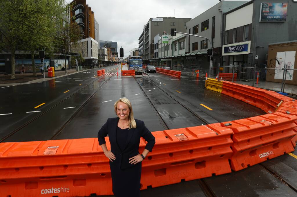 Lord Mayor Nuatali Nelmes in front of the light rail construction project in Hunter Street. Picture: Jonathan Carroll 