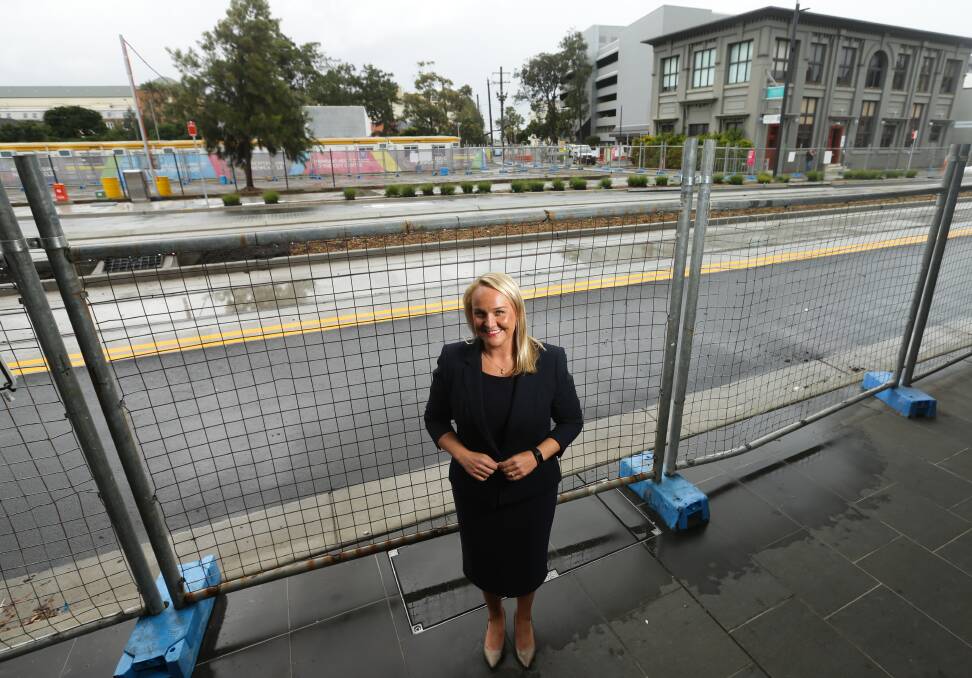 Lord Mayor Nuatali Nelmes, with the light rail construction project in the background. Picture: Jonathan Carroll 