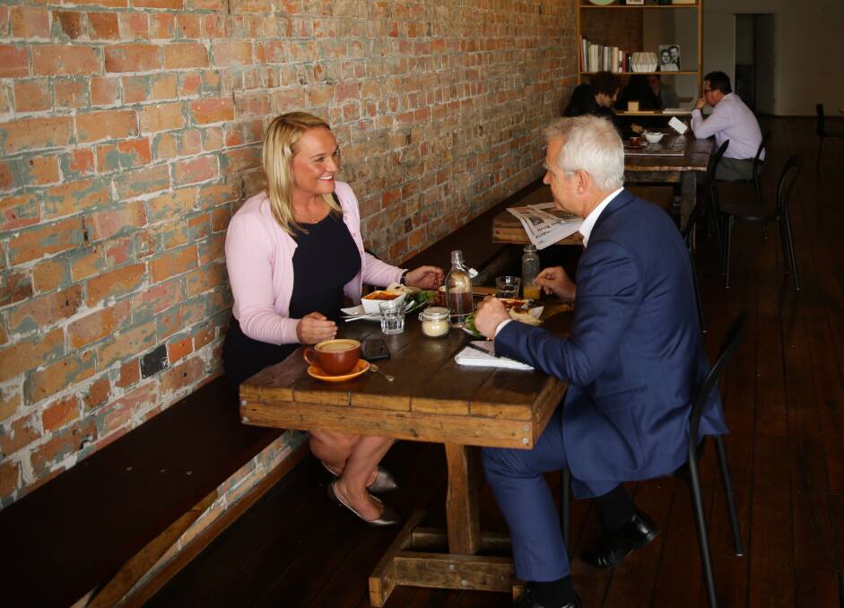 LIVELY LUNCH: Newcastle Lord Mayor Nuatali Nelmes and Scott Bevan talking at The Umbrian cafe about her 10 years in politics. Picture: Jonathan Carroll