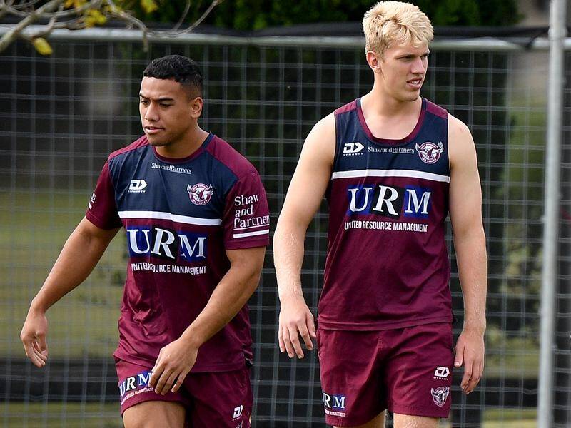 Manly rising star Albert Hopoate (l) has been loaned to the Warriors in the NRL.