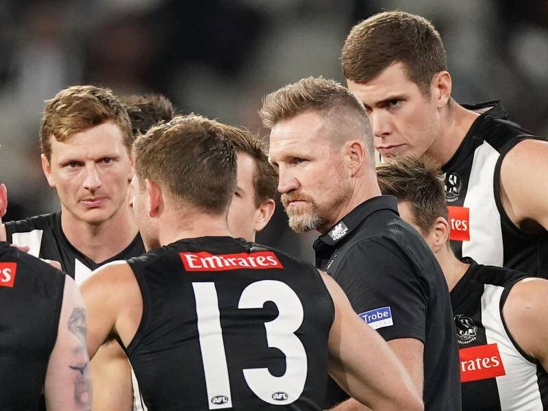 Coach Nathan Buckley, speaking here to the Magpies during their GWS defeat, is demanding change.