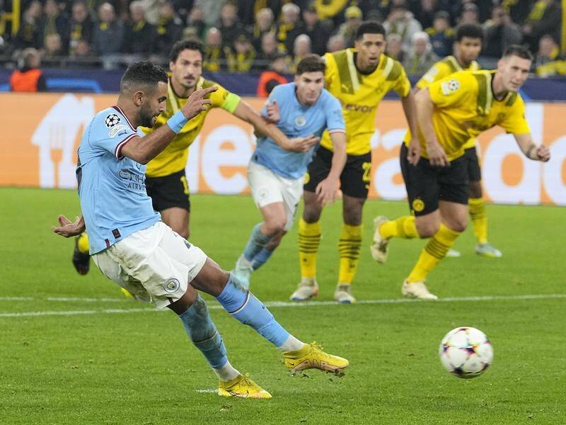 Man City's Riyad Mahrez missing another penalty against Borussia Dortmund in the Champions League. (AP PHOTO)