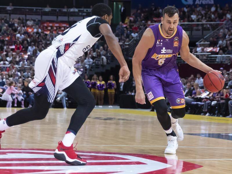 Andrew Bogut (R) has played just 13 minutes in Sydney's 22-point NBL home win over Adelaide.