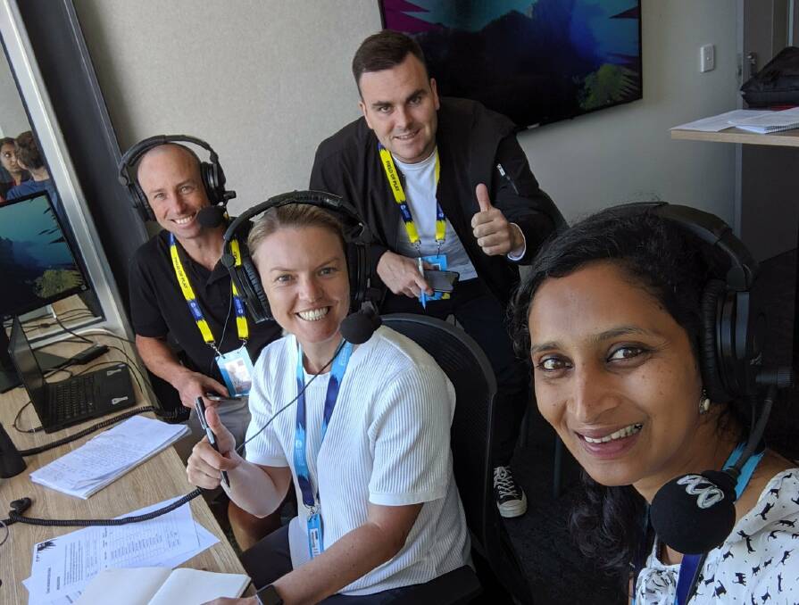 VOICE OF REASON: Kristen Beams (centre) in the ABC commentary box during this year's women's Twenty20 World Cup. Picture: Twitter