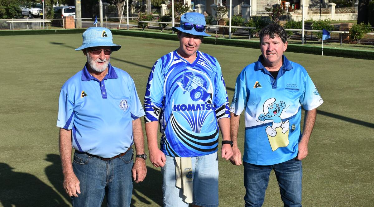 WELCOME BACK: Rod Fuller, Michael O'Connell and Darren Tracey pictured at the Singleton Bowling Club this afternoon.