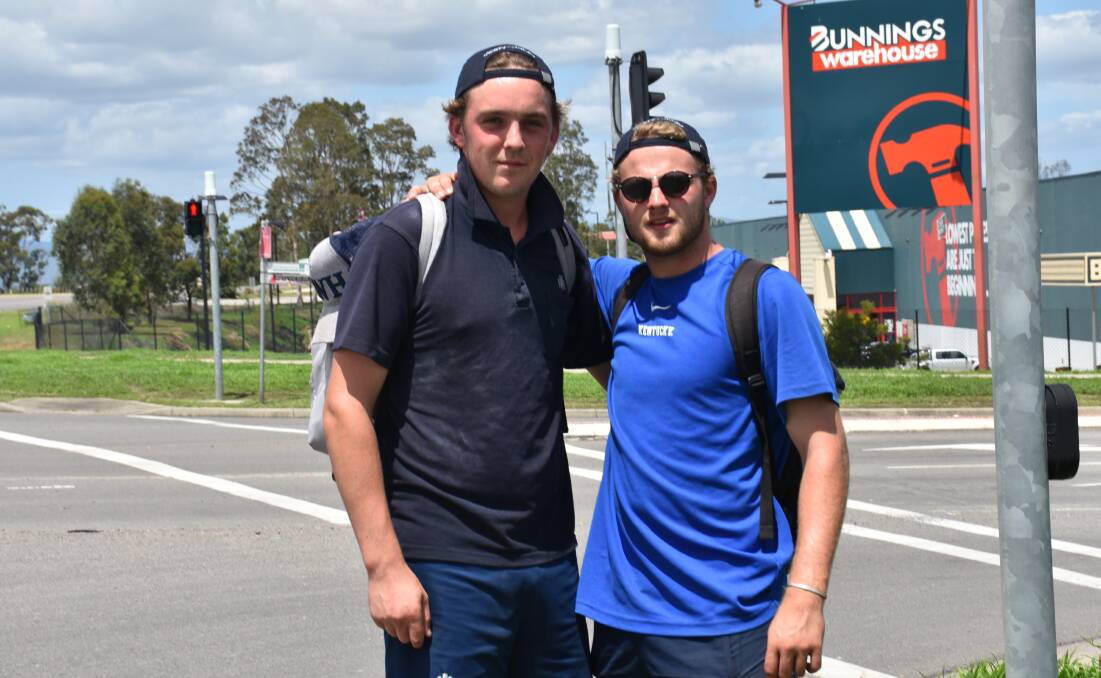 SINGLETON BOUND: Irishman Harrison Badge and Englishman Ed Goff (both aged 21) pictured at Maison Dieu moments ago. The duo is currently walking from Scone to Sydney to raise much needed funds for the NSW Rural Fire Service.