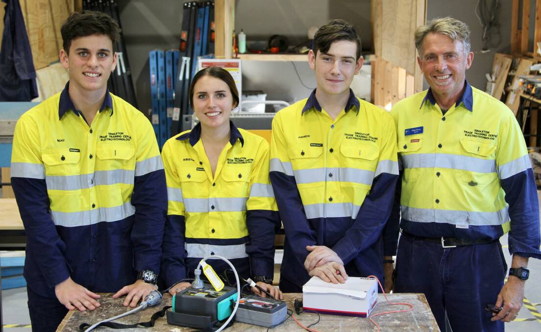 LOCAL TALENTS: Beau Parnell (St Catherine's Catholic College), Kristen Cox (Singleton High School), Andrew Flaye (Australian Christian College) with Allan Perry (Electrotechnology teacher Australian Christian College).