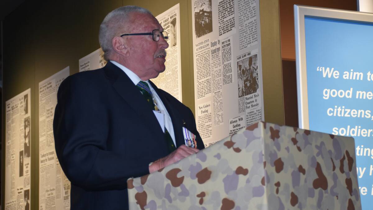 DISTINGUISHED GUEST: Major General Brian 'Hori' Howard speaks to the 'Chalkies' (Australia's young teachers who were conscripted into the Army from 1966 to 1973 to teach in Papua New Guinea) gathered at the Australian Army Infantry Museum in Singleton.