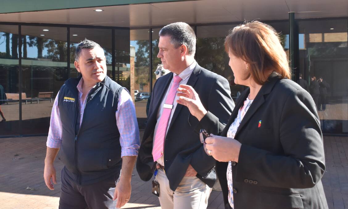 THE BIG NAMES: New South Wales Deputy Premier John Barilaro, pictured with Singleton Council general manager Jason Linnane and mayor Sue Moore, visited the region this morning to confirm that $4.25 million in funding from the NSW Government's $170 million Drought Stimulus Package has been allocated to upgrades on Glendonbrook, Elderslie, Cessnock and Lemington roads.