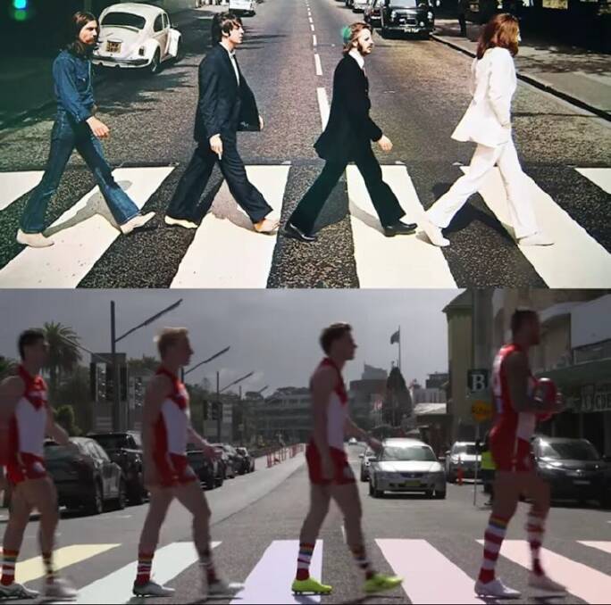 FAB FOUR: A talented quartet of Sydney Swans, including Irish talent Colin O'Riordan, recreated the iconic Bealtes' Abbey Road album cover on the club's rainbow coloured pedestrian crossing this morning.