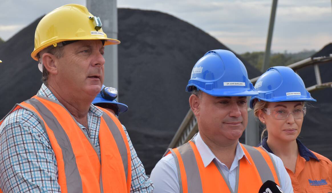 MEET THE PRESS: Member for the Upper Hunter Michael Johnsen and NSW Deputy Premier John Barilaro face the press at the Wambo Open-Cut Mine on Wednesday morning.