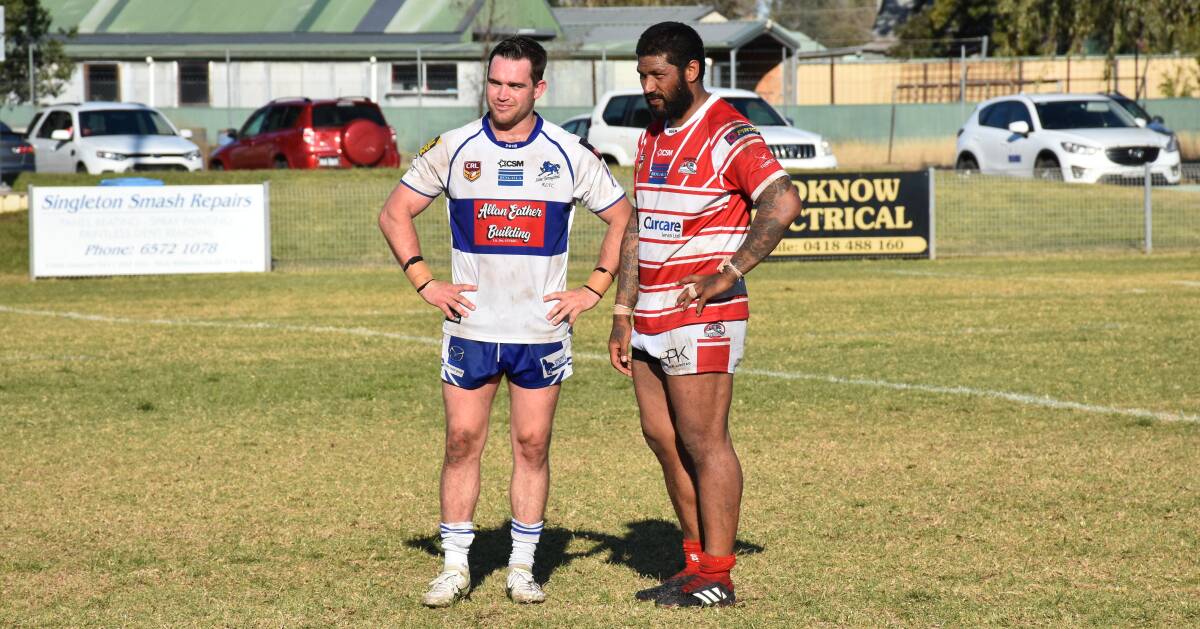 REUNITED: Former Canberra Raiders teammates Adam Clydsdale (Scone Thoroughbreds) and Frank-Paul Nu'uausala (Singleton Greyhounds) pictured at Pirtek Park in August.