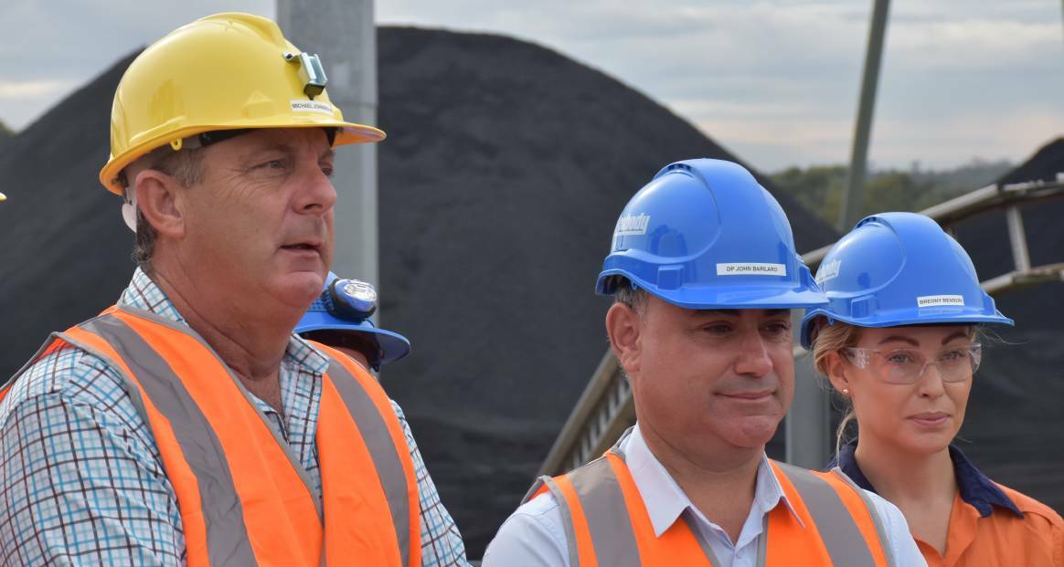 MEET THE PRESS: Member for the Upper Hunter Michael Johnsen and NSW Deputy Premier John Barilaro face the press at the Wambo Open-Cut Mine on Wednesday, May 1.