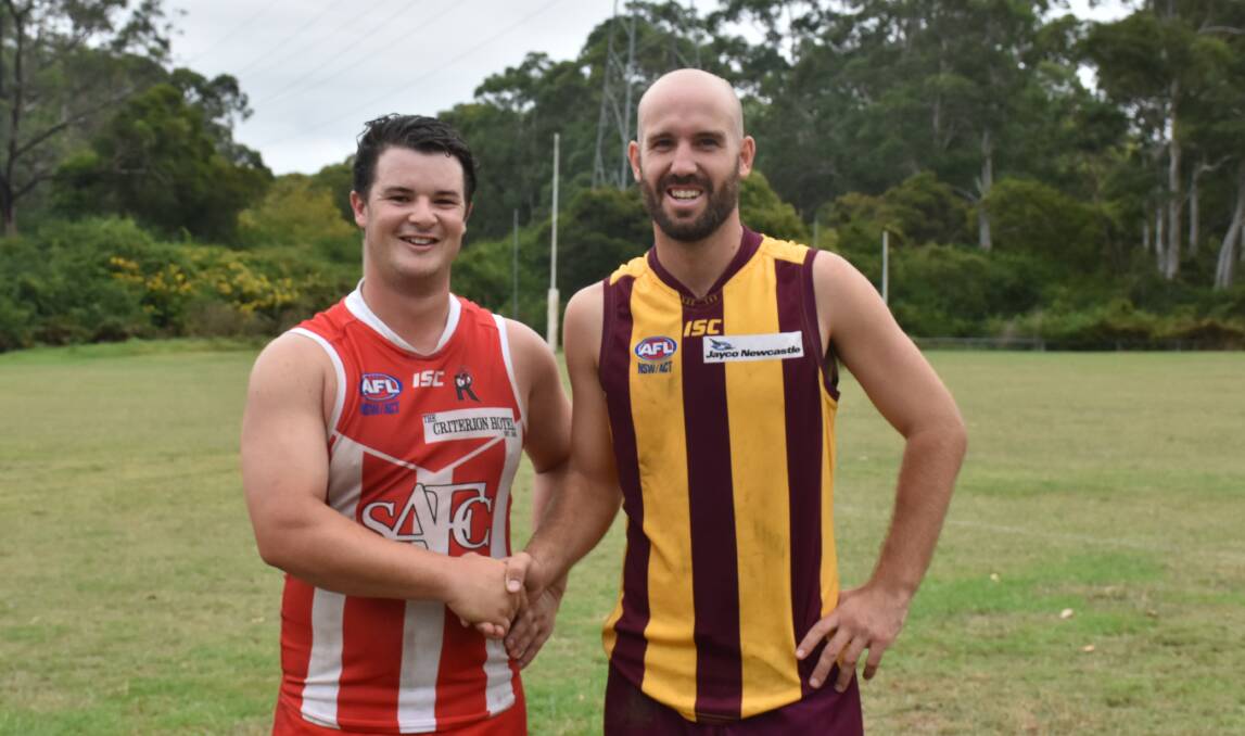 RIVALS: The Singleton Roosters and Cardiff Hawks (local AFL sides), led by captains Alex Mitchell and Bryce Graetz, will meet this weekend for the first time since they played off in a competitive practice match in March.