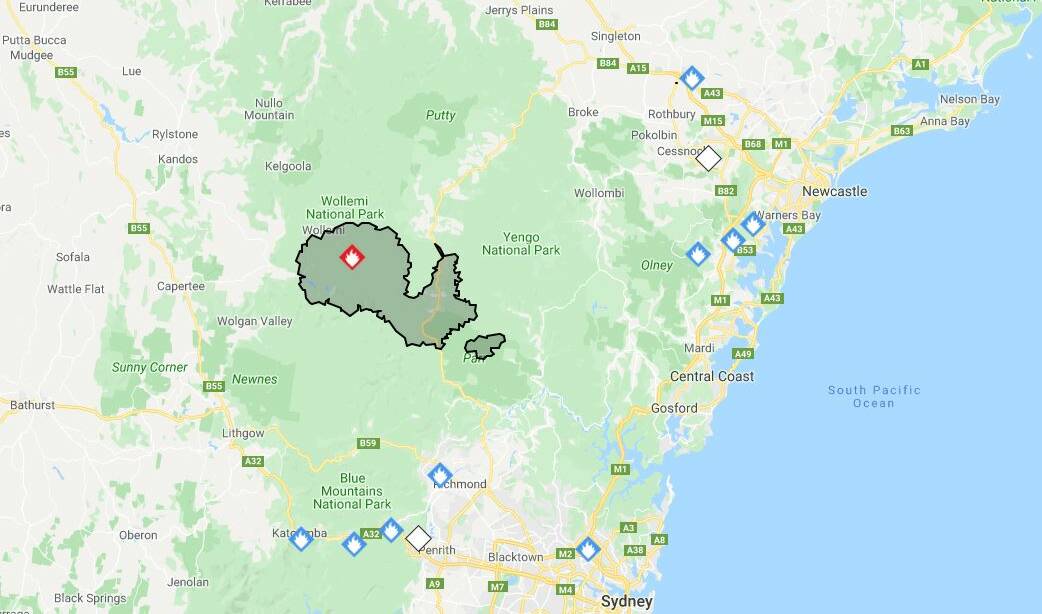 PUTTY ROAD: Authorities have confirmed that the Gospers Mountain fire (located south of Singleton) has grown from a size of 17,000 (to 45,401 on Tuesday) to 82,254 hectares in one week.